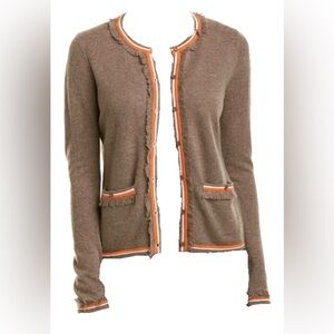 Kier + J Cashmere Fringed Trim Cardigan Gray/Orange M – NWOT Soft Luxe